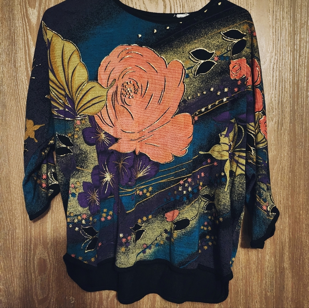 Vintage Black 80s 90s Metallic Gold And Floral Slouch Top